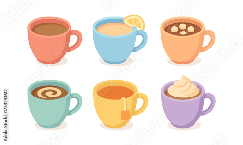 Colorful isometric cups with various hot drinks and toppings