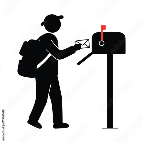 Mail carrier delivering letter to mailbox silhouette icon symbol graphic pictogram