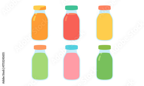 Colorful beverage bottles with variety of flavors in modern flat design