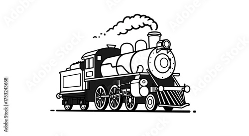 Vintage steam locomotive in simple black and white line art for classic rail…
