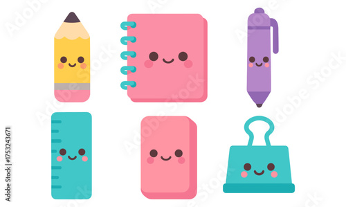 Cute smiling stationery icons in flat cartoon style for kids and school