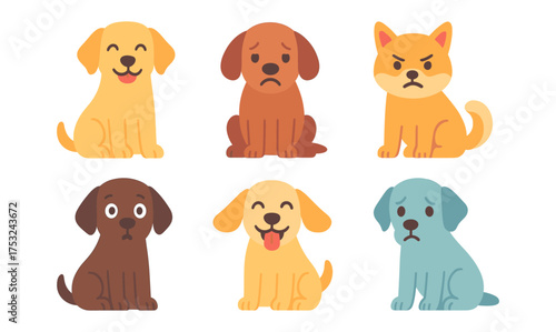 Cute cartoon dogs with diverse facial expressions on white background