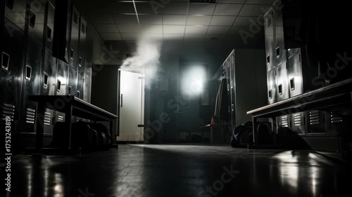 Eerie Locker Room: Smoke, Light, and Mystery in a Dark, Empty Space