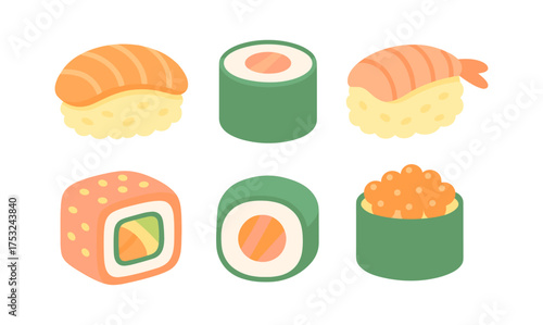 Colorful isometric sushi icons featuring various rolls and nigiri styles
