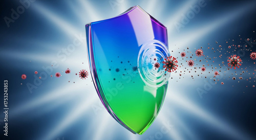 Shield protecting against virus, representing immune system defense and healthcare protection