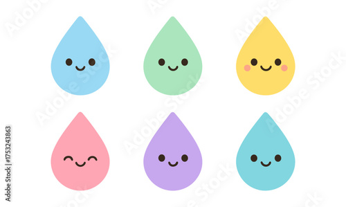 Cute cartoon kawaii water droplet characters in pastel hues with happy expressions