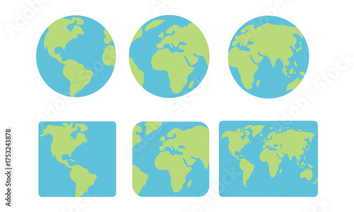 Colorful flat earth maps in various shapes and views for global design concepts