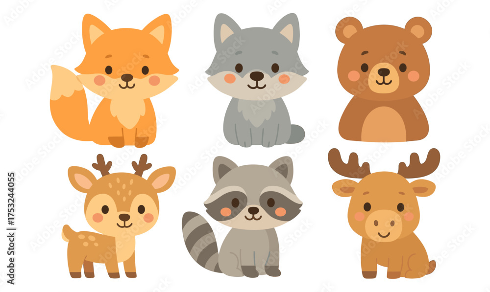 Fototapeta premium Cute cartoon forest animals collection: fox, wolf, bear, deer, raccoon, moose