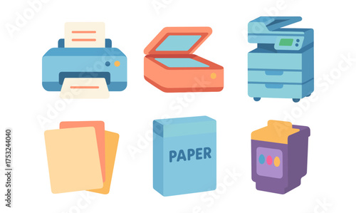Office equipment icons: printer, scanner, copier, paper, trash bin in flat style