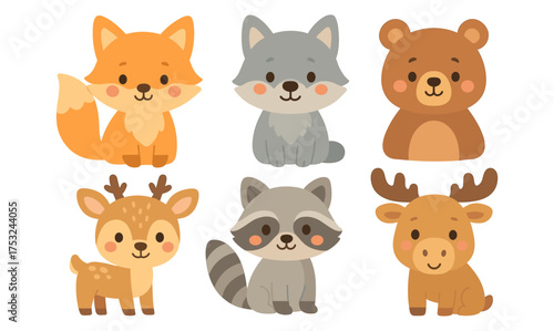 Cute cartoon forest animals collection: fox, wolf, bear, deer, raccoon, moose
