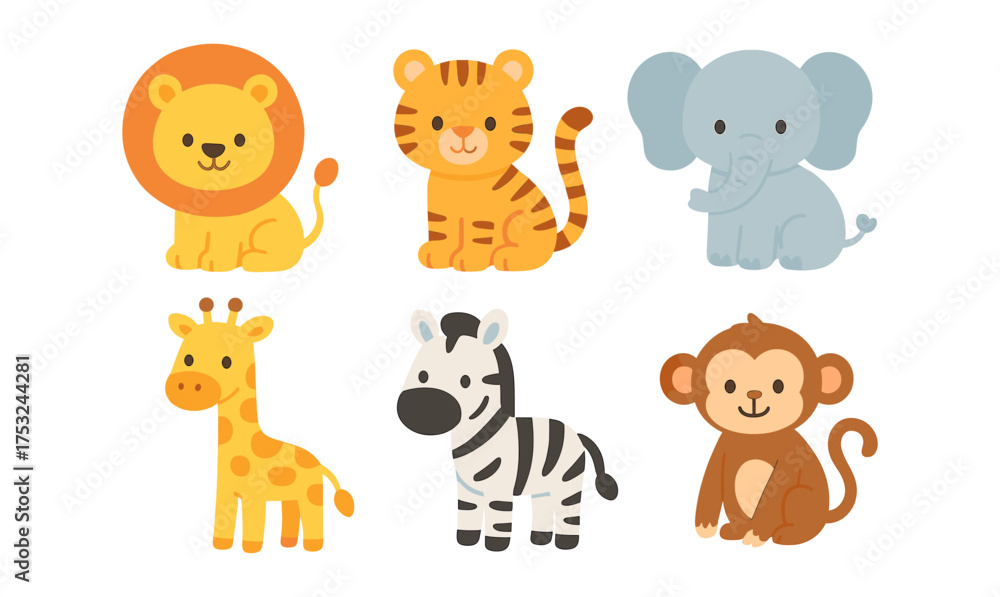 Obraz premium Cute safari animals in cartoon style for children's decor and education