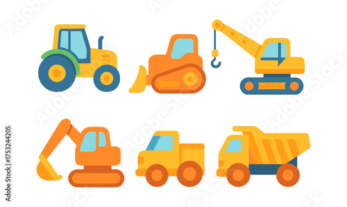 Colorful construction vehicles in modern flat design