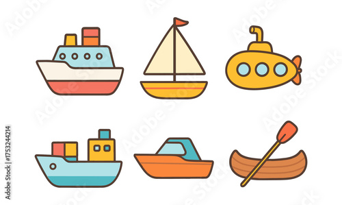 Charming nautical icons: colorful boat and ship illustrations for travel designs