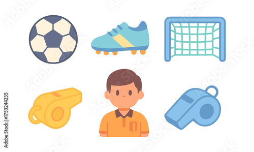 Playful soccer set: cartoon icons of ball, shoe, whistle, player, and goal
