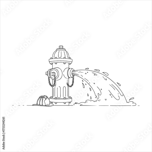 Creative artistic line drawing of a fire hydrant spraying water forming a rainbow arc