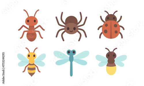 Colorful cartoon insects collection with ant, spider, ladybug, bee, dragonfly, and firefly