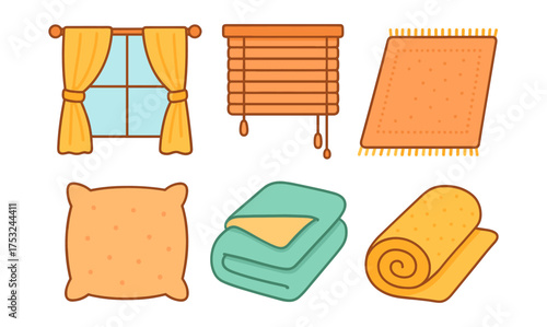 Cozy home decor elements with curtains, blinds, pillow, blanket, rug, and towel in flat cartoon style