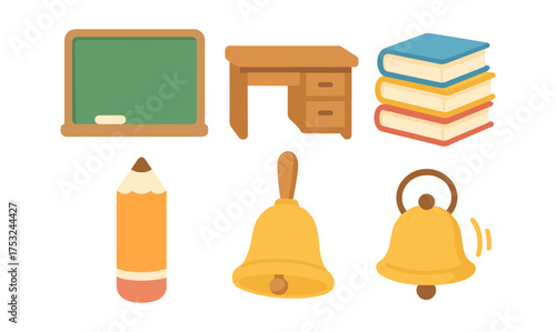 Flat style school supplies icons with classroom objects and learning tools