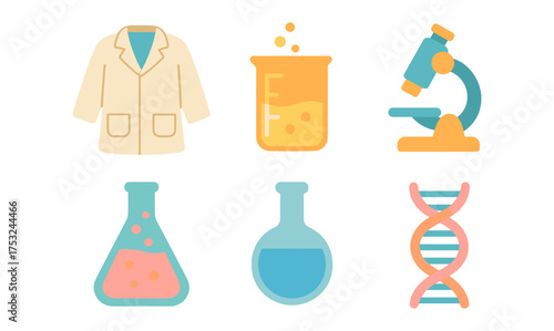 Flat science lab icons: microscope, dna, flask, beaker, lab coat
