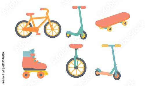 Colorful flat style bicycle, scooter, and skateboard icons for outdoor activities