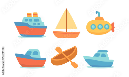 Colorful nautical collection featuring boats and submarine in flat design