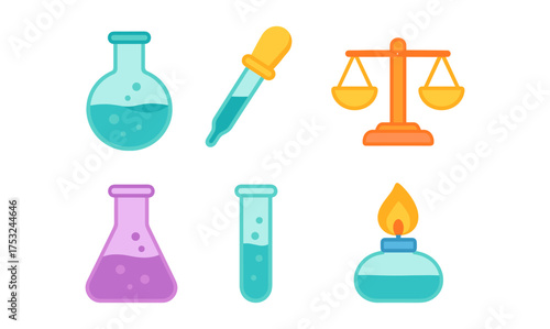 Colorful laboratory icons featuring glassware, pipette, and scale