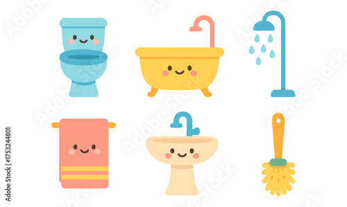 Cute kawaii bathroom set: toilet, bathtub, shower, and accessories with smiling faces