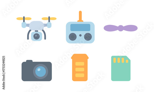 Modern technology gadgets set featuring drones and accessories
