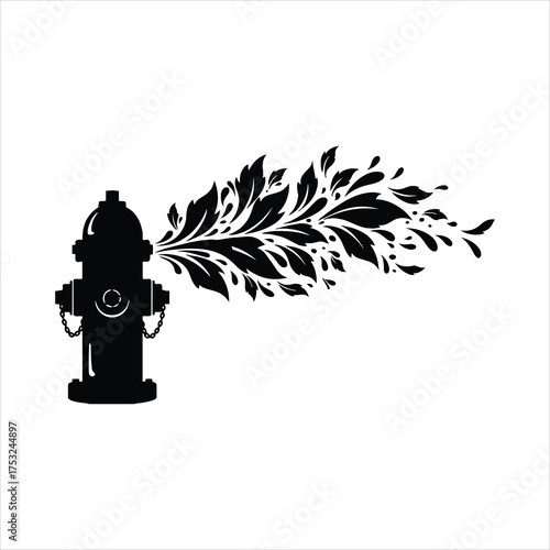 Creative silhouette of a fire hydrant sprays a burst of organic leafy elements