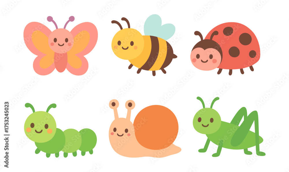 Obraz premium Cute cartoon insects collection with smiling faces and bright colors