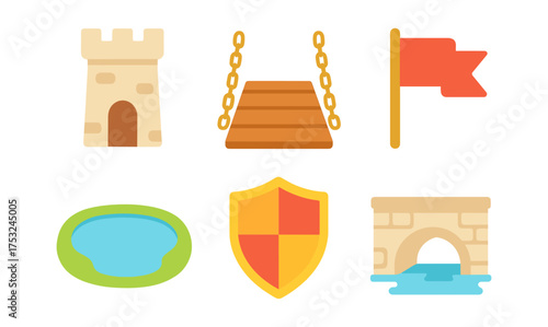 Medieval icons set featuring castle, drawbridge, flag, shield, moat, and water arch in flat style