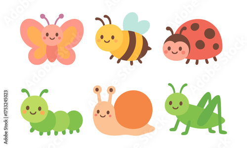 Cute cartoon insects collection with smiling faces and bright colors