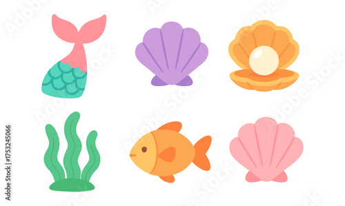 Colorful underwater elements with fish, shells, seaweed, and mermaid tail