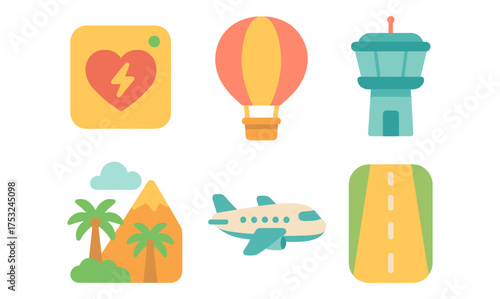 Travel and adventure icons: flat style airplane, hot air balloon, heart, and more