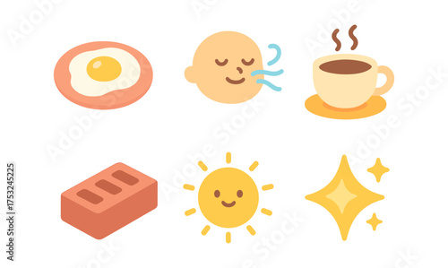 Cute emoji set featuring breakfast, relaxation, and sun icons in flat style