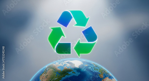 Recycling symbol above the earth, symbolizing global efforts for environmental sustainability and waste reduction