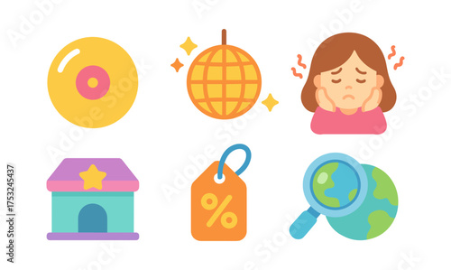 Colorful flat icons of music, shopping, emotion, and exploration
