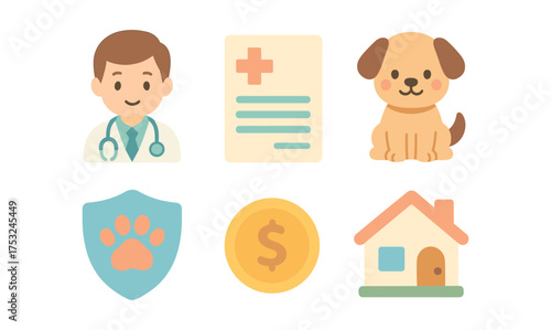 Pet care icons set: veterinarian, dog, shield, coin, and home in flat style