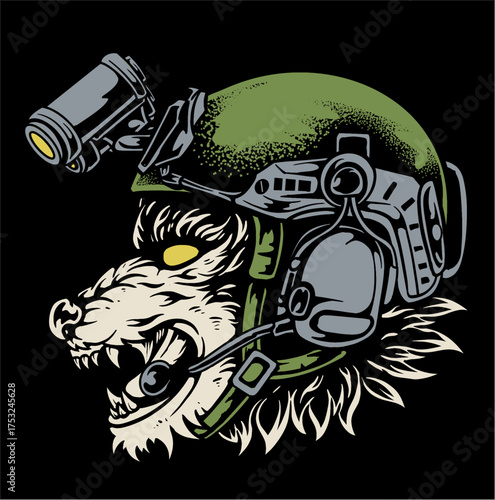 Vintage Retro Militant Army Wolf Head with Tactical Helmet and Night Vision Aggressive Military Animal Illustration