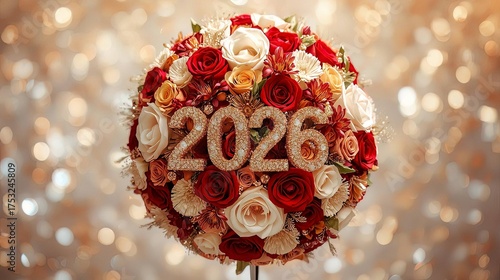 Golden 2026: Festive Floral Design with Bokeh and Christmas Ornaments