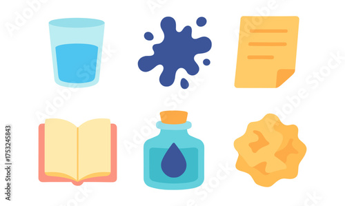 Colorful flat icons of water, paint, paper, book, potion, and crumpled paper