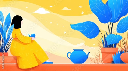 Woman enjoys tea amidst vibrant nature serene garden illustrative art bright colors peaceful scene reflective moment