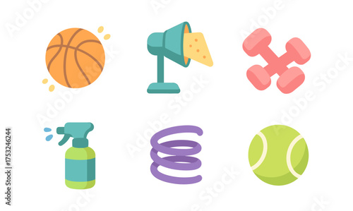 Colorful sports equipment and household items in modern flat design