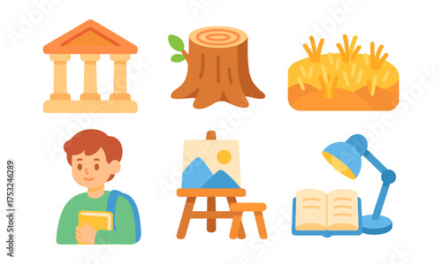 Education and nature elements in flat design featuring school items and natural icons