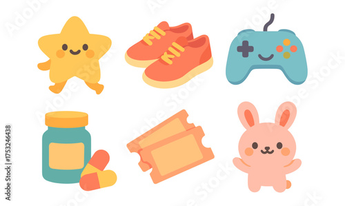 Cute and colorful icons of bunny, star, game controller, sneakers, tickets, and medicine