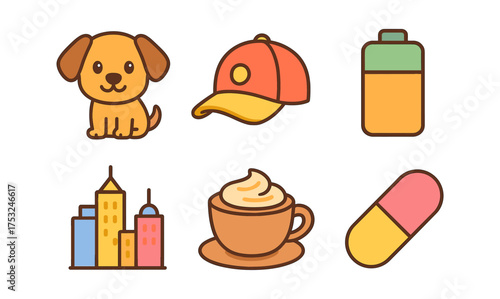 Cute line art icons: puppy, cap, thermos, cityscape, coffee, pill