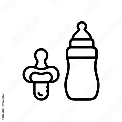Baby bottle and pacifier in simple outline style