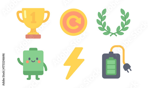 Colorful flat icons of achievement and energy symbols in modern design