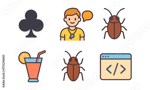 Colorful icon set: insects, people, drinks, and web elements