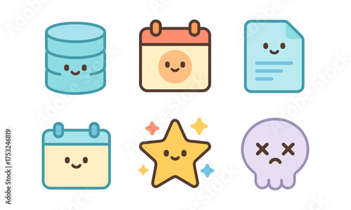 Cute kawaii icons with smiling faces featuring calendar, star, and more